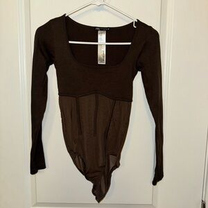 Zara Dark Brown Long Sleeve Bodysuit- Size M